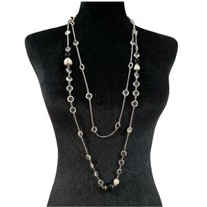 Ann Taylor Necklace Double Strand Silver Tone Black Beaded Toggle Closure